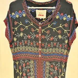 Johnny Was Biya Black Embroidered Floral Cap-Sleeve Maxi Dress